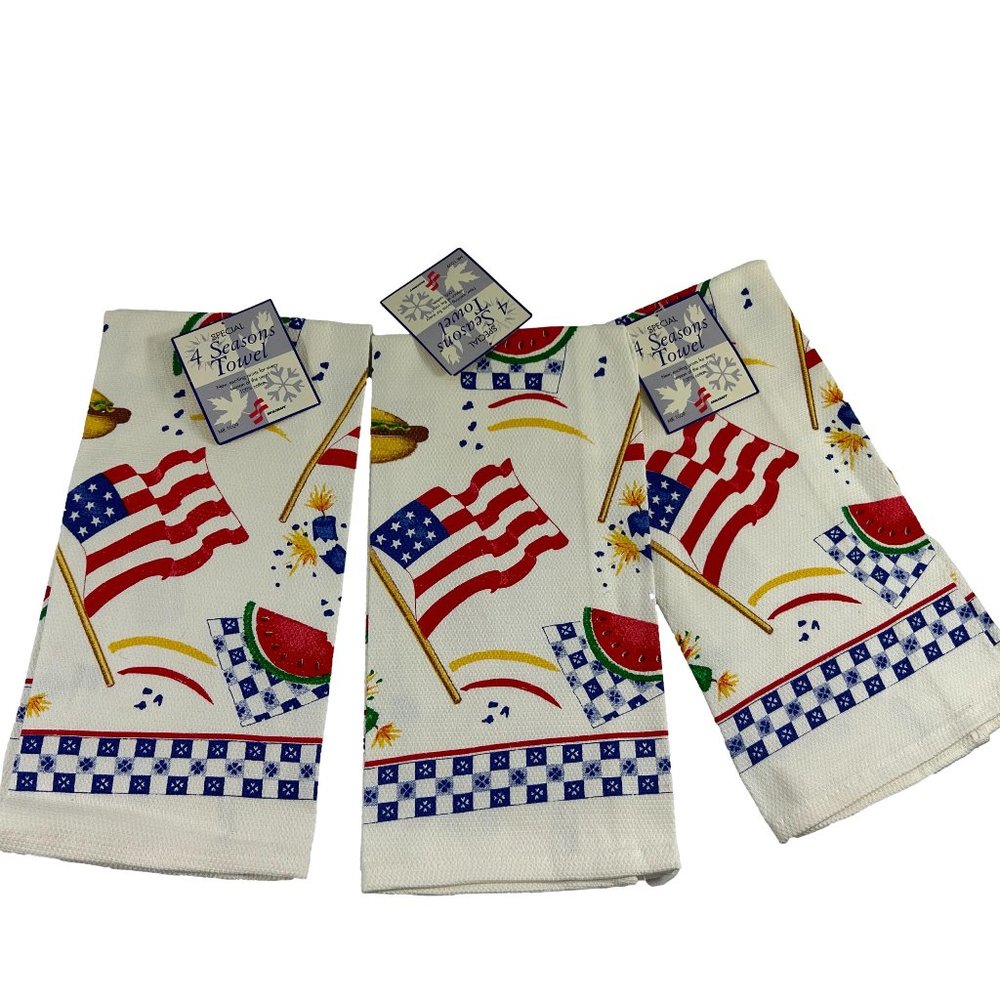 Skillcraft Set 3 Kitchen Dish Tea Towels Patriotic 4th of July Flags Watermelon
